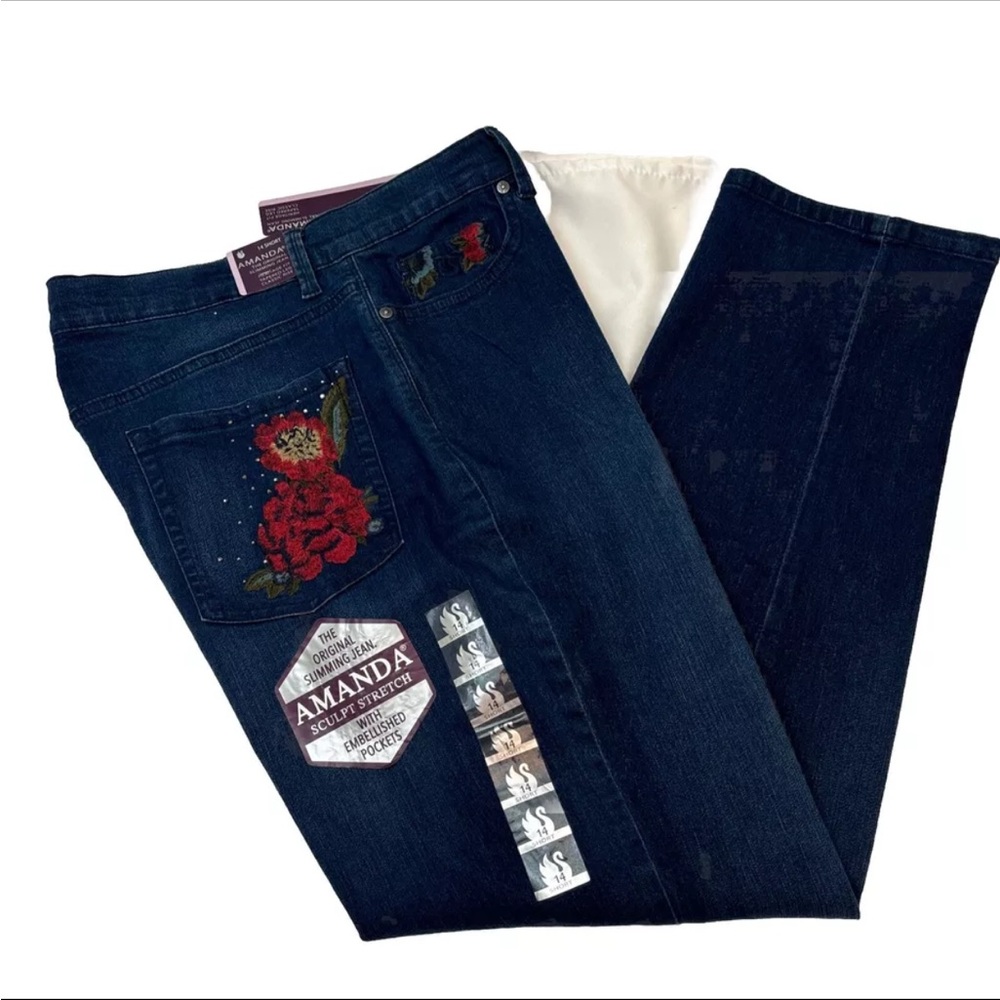 Gloria Vanderbilt Amanda Jeans Blue Slimming Effect Floral NWT Sz 14 Short